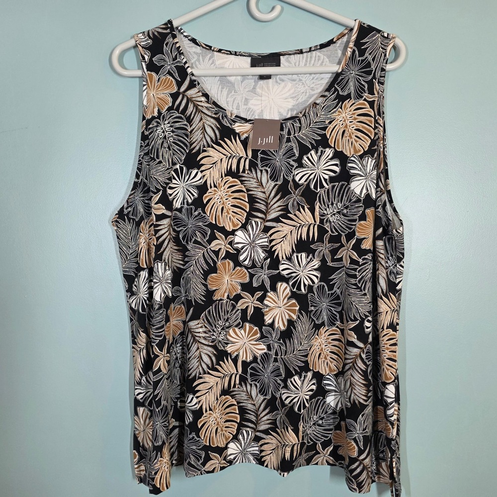 J Jill Wearever Black Tropical Floral Sleeveless Tank Top XL 119651 Cruise NWT